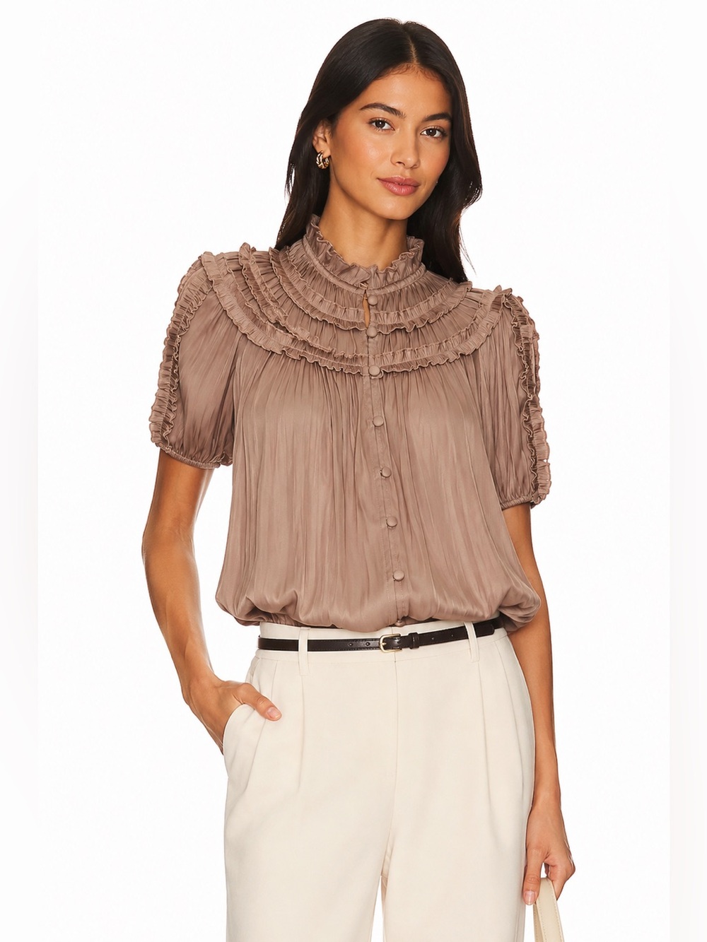 Anthropologie Pleated Ruffle Blouse – Taupe | Size Small